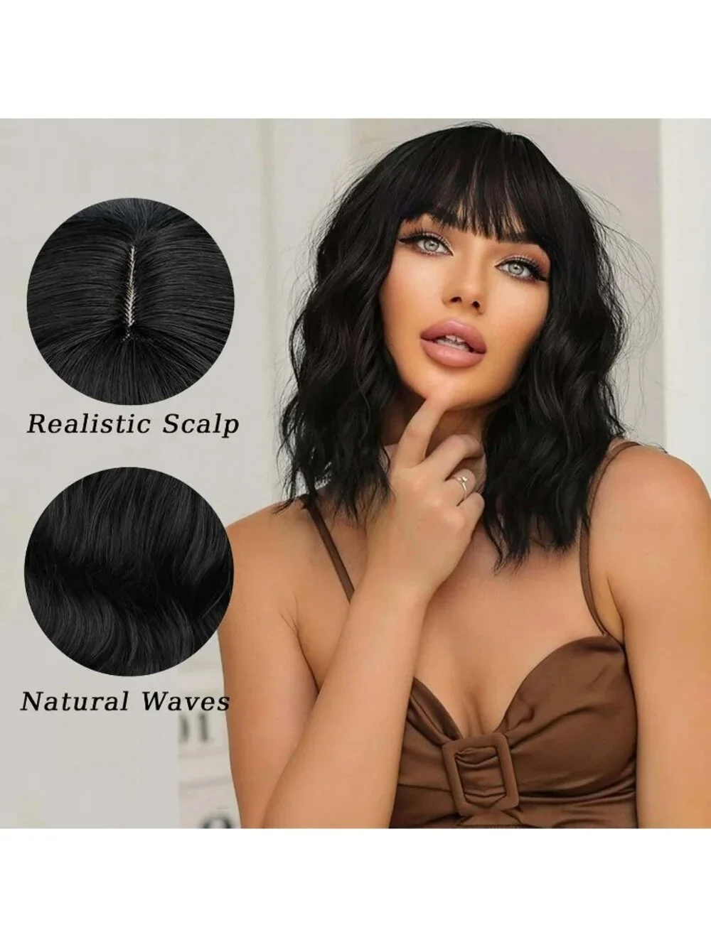 Women's Black 14 Inch Heat Resistant Short Bangs Bob Modern Wavy Wigs